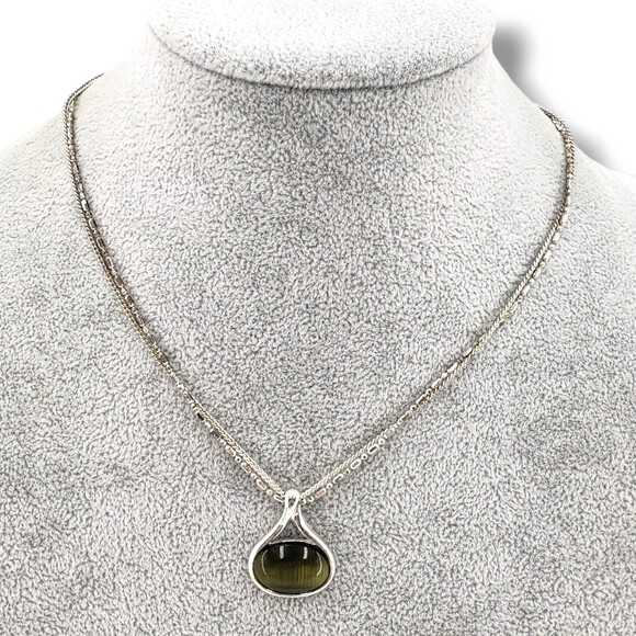 Green Cat Eye Center Silver Tone Pendant Double Strand Collar Choker Necklace - Picture 11 of 11